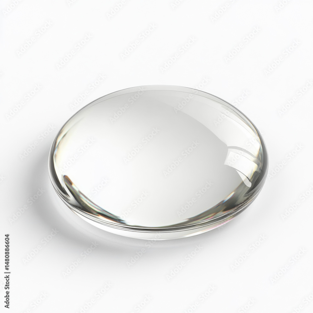 Poster close up view of a clear lens with a golden edge reflecting light on a white background in a studio 