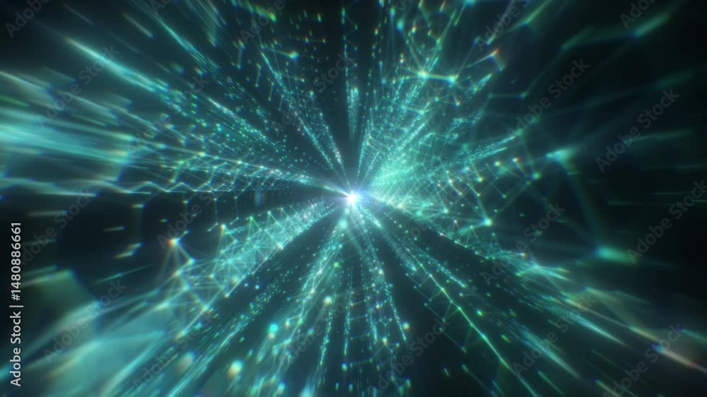 Poster futuristic blue data flow tunnel animation with glowing particles in dark technology environment. dy