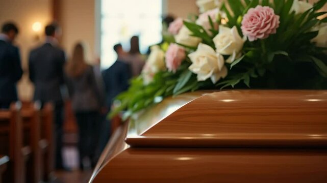 Mourners at a funeral service, in a church, showing grief and remembrance, for websites and publications