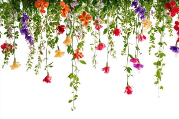 Colorful flowers and green vines hanging down creating a decorative floral arrangement
