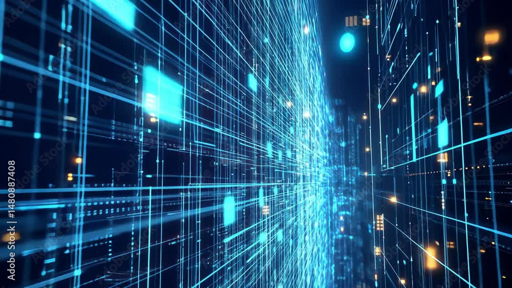 Poster abstract technology grid with glowing nodes and lines in dark blue tones, futuristic design