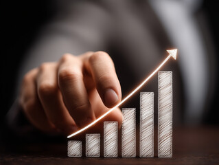 Ilustração de gráfico com seta subindo e mão de homem apontando destaca crescimento financeiro, metas alcançadas e liderança no mundo dos negócios