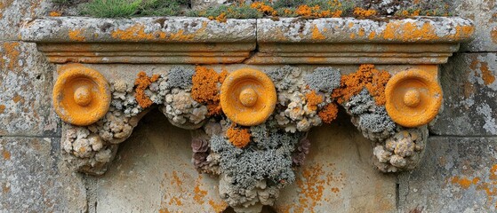 Ornate stone architectural detail, weathered, adorned with orange and gray lichen. Three circular accents