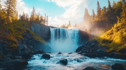 Majestic waterfall in lush forest sunlight streaming through mist