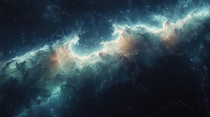 A cosmic nebula swirls, vibrant teal, orange, and white gas clouds against a dark starry backdrop.  Intricate details show a dynamic celestial formation