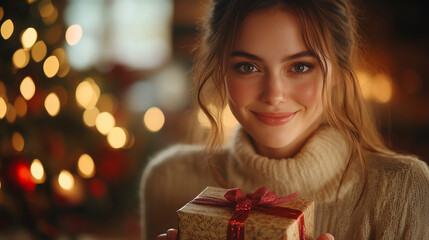 Holiday happiness shines as a young woman holds a beautifully wrapped gift in a cozy, festive setting ai, holiday, gift, young, woman, cozy, festive, celebration, christmas, wrapped, present, joy, smi