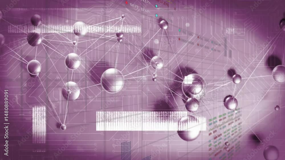 Poster 3d spheres floating and connecting in purple network, showing circuit traces and data charts