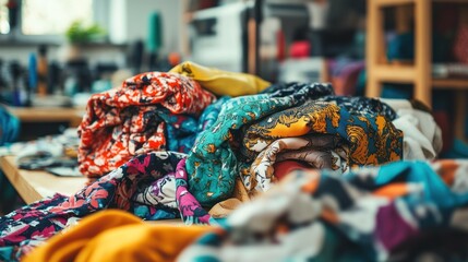 Colorful fabric pile textile patterns fashion design soft lighting workspace