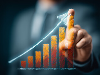 Homem de negócios apontando para gráfico de colunas que mostra crescimento, sucesso e resultados positivos, representando análise financeira, estratégia, marketing e desenvolvimento empresarial