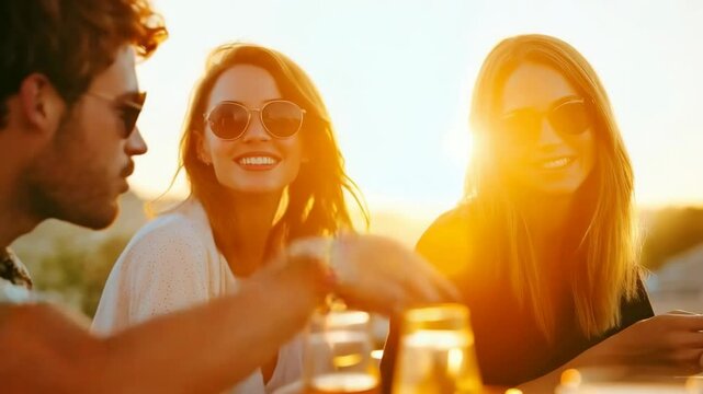 People toasting rose wine outside at a winery. Lifestyle concept with friend enjoying good time.	
