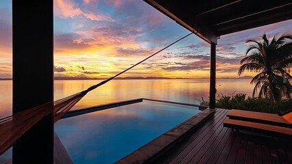 Tropical sunset view from a veranda with a hammock. - Powered by Adobe