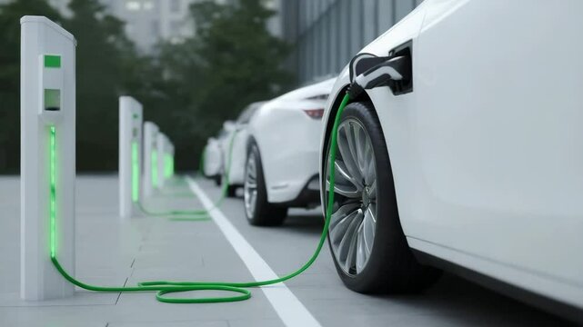Electric car charger. A close up white electric car is charging at a station. in the city with building on background.