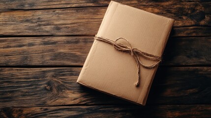 Rustic brown package tied with twine on wooden background