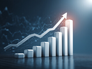 Gráfico com seta subindo em destaque. Representa conceito de crescimento financeiro, sucesso empresarial e metas alcançadas
