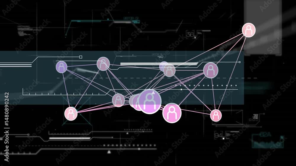 Poster network visualization being animated over dark field, with pink icon linking nodes and ui panel