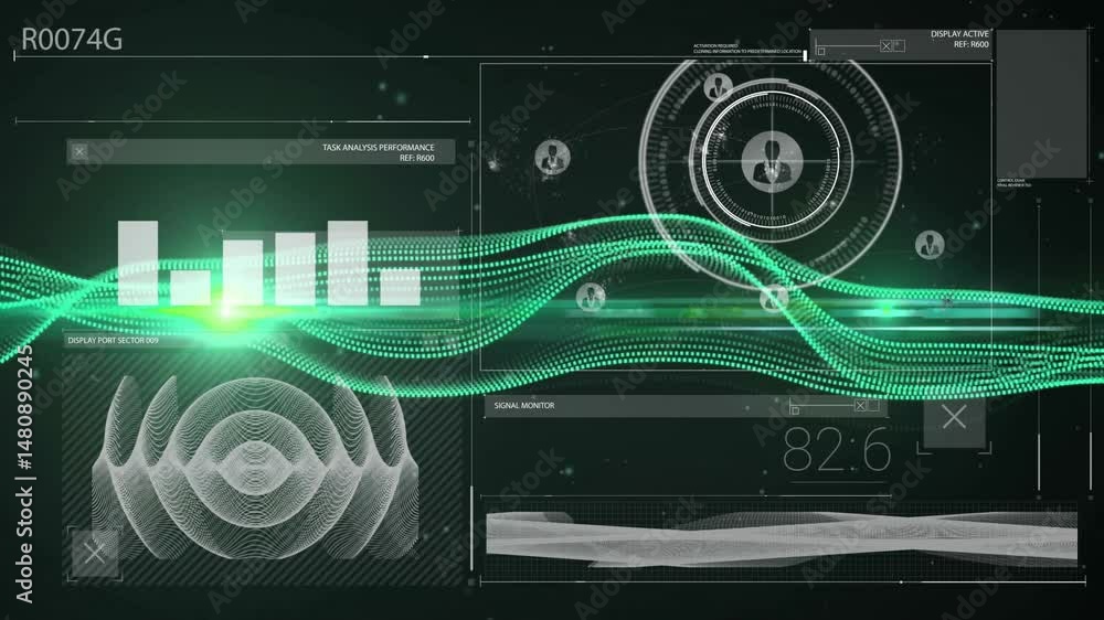 Poster futuristic digital dashboard displaying flowing waveforms, bar chart and hud gauge in flat design