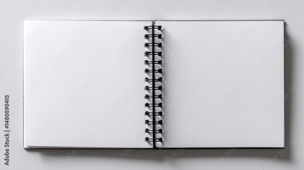 Poster a stunning image of top view of a blank spiral sketchbook with an empty open page captured in a real