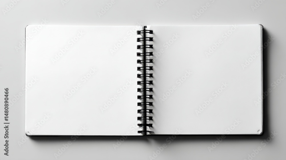 Poster a stunning image of stunning image of top view of a blank spiral sketchbook with an empty open page 