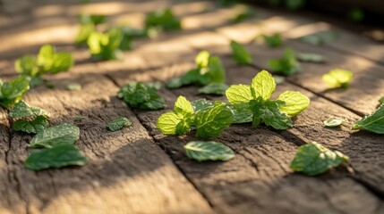 Fresh mint leaves on rustic wooden background sunlight natural texture