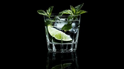 Refreshing lime mint cocktail drink ice cubes closeup