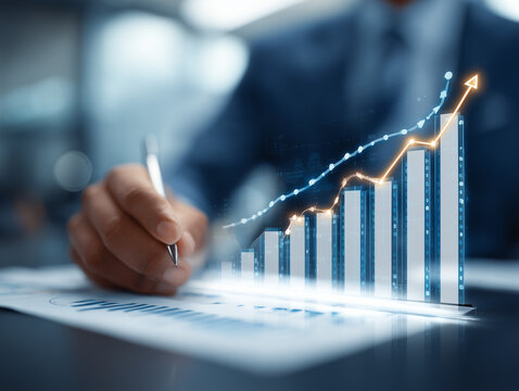 Homem faz anota&ccedil;&otilde;es em papel enquanto gr&aacute;fico com setas ascendentes ilustra crescimento e planejamento estrat&eacute;gico