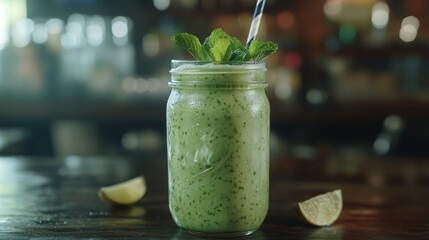 Refreshing green mint lime smoothie in mason jar