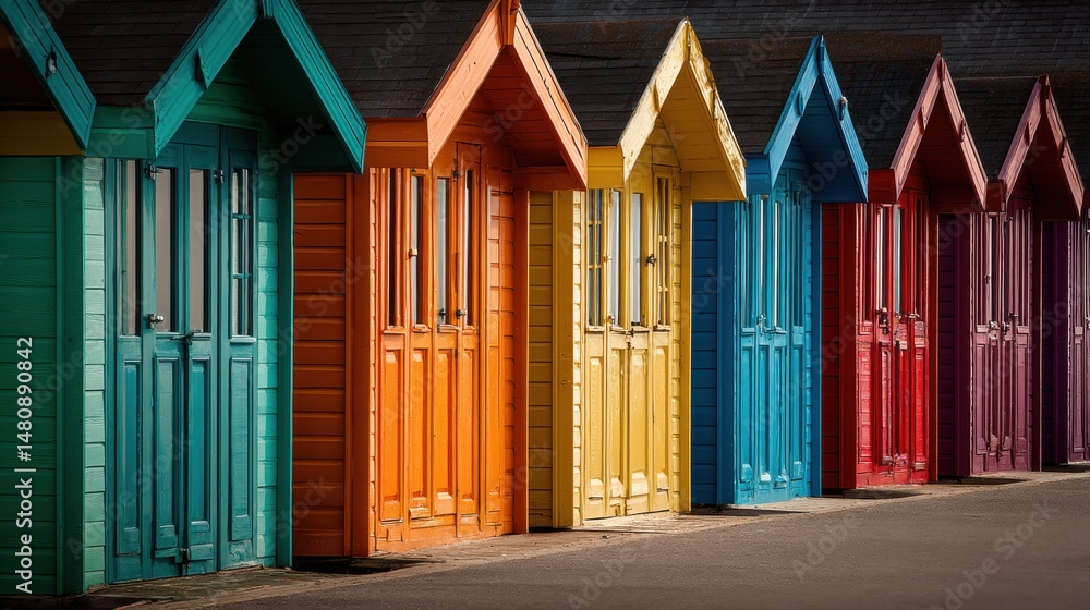 Poster a stunning image of beach huts in various vibrant colors like green orange red blue and yellow compl