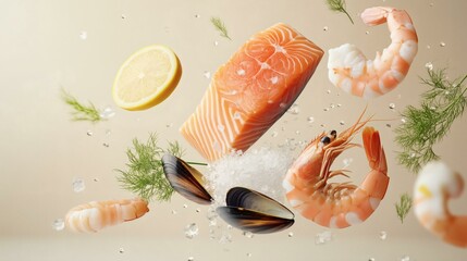A clean and highly realistic composition of fresh seafood levitating mid-air include shrimp, raw salmon fillet, mussels, scallops