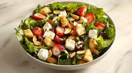 Strawberry, Feta, and Crouton Salad in a Bowl