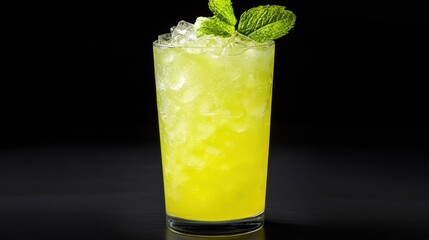 Iced yellow mint cocktail drink in tall glass refreshing summer beverage