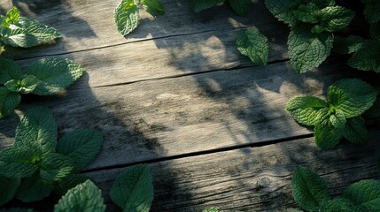 Fresh mint leaves on rustic wooden background sunlight shadows green herbal texture