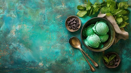 Mint chocolate chip ice cream scoops overhead view teal background food photography