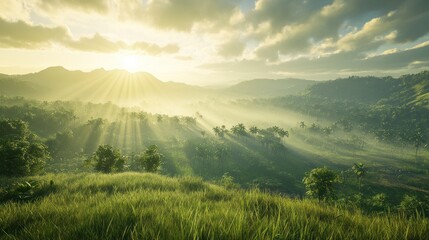 Sunbeams over lush tropical valley at sunrise scenic landscape