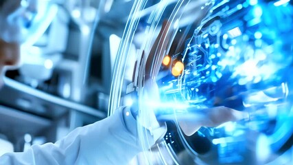 Skilled asian engineer reviewing holographic engine prototype, demonstrating advanced digital visualization within cutting edge research facility - Powered by Adobe