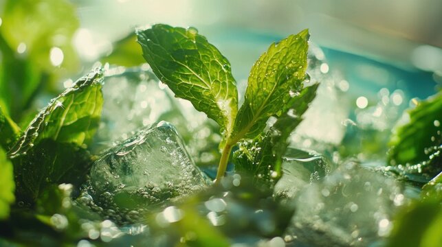 Refreshing mint leaves and ice cubes vibrant green macro photography