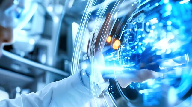 Skilled asian engineer reviewing holographic engine prototype, demonstrating advanced digital visualization within cutting edge research facility - Powered by Adobe