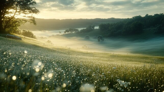 Sunrise meadow misty valley landscape with dew kissed wildflowers