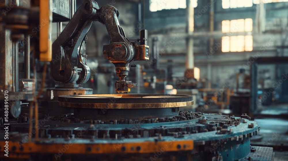 Aufkleber industrial robot arm operating a machine in a factory setting.