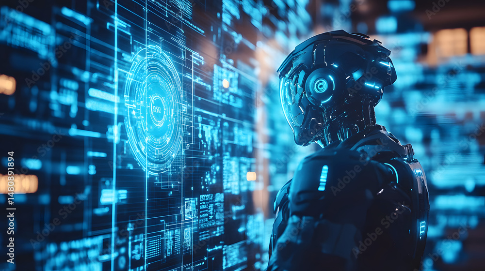 Poster a futuristic humanoid robot gazes intently at a holographic display of digital data, embodying advan