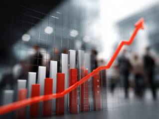 Gráfico com seta para cima representando crescimento financeiro, alta de desempenho e sucesso nos negócios