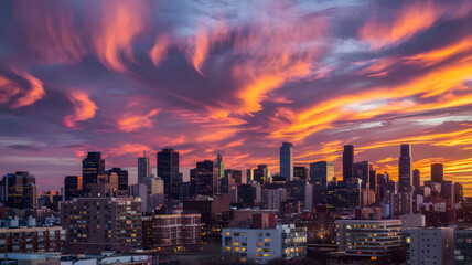 Fototapeta premium Fiery Sunset Sky Over City Skyline, Dramatic Colors and Clouds