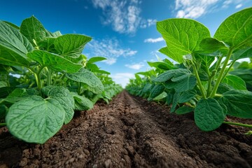 Lush green soybean field with row crops growing on fertile dark soil against clear blue sky, agriculture landscape