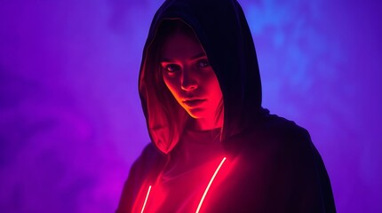 hooded figure illuminated by red and purple neon lights in futuristic dark setting for use in cyberpunk design concepts