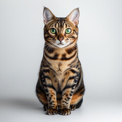 Obraz premium Striking cat with patterned fur and bright green eyes sits, head on