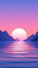 Fototapeta premium Serene digital illustration of a sunset over a tranquil lake with reflective water