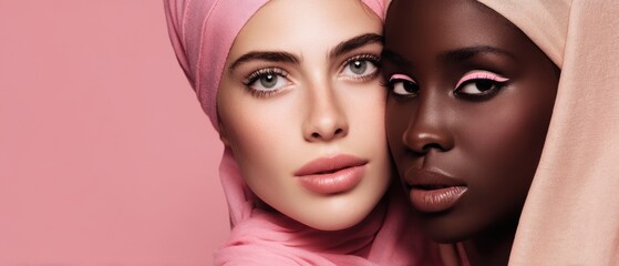 Diverse beauty: Portrait of a White and Black woman in headscarves showcasing elegant pink makeup, promoting inclusivity and cosmetic diversity