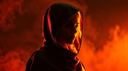 silhouetted figure in hooded cloak surrounded by fire and smoke for use in dramatic visual concepts