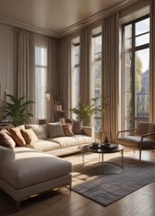 Opulent apartment, large windows, sleek blinds, plush furnishings, view, sofa, shade