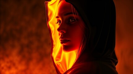 dark hooded figure glowing with fiery orange light in futuristic neon noir atmosphere for sci fi visuals