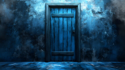 A striking blue wooden door set against a textured blue wall, evoking a sense of mystery and intrigue.